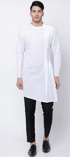 White and Off White color Kurta Pyjamas in Cotton fabric with Thread work : 1737213
