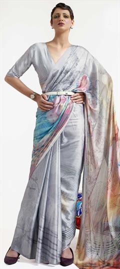 Casual, Traditional Black and Grey color Saree in Satin Silk, Silk fabric with South Printed work : 1737516