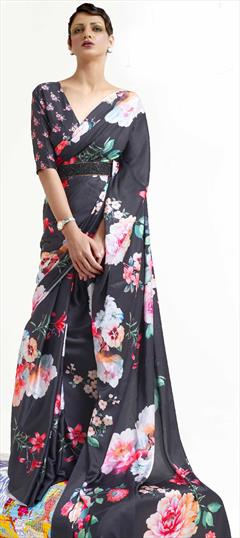 Bollywood, Party Wear, Summer Black and Grey color Saree in Satin Silk, Silk fabric with South Floral, Printed work : 1737517