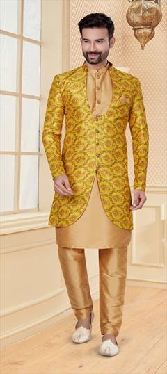Beige and Brown, Yellow color IndoWestern Dress in Dupion Silk fabric with Digital Print work : 1737734