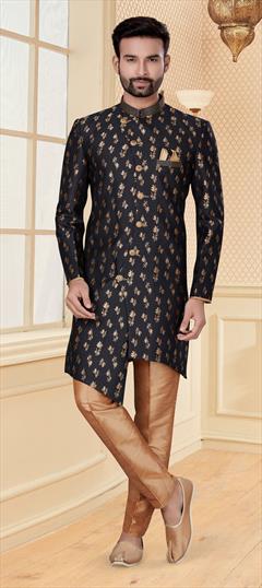 Black and Grey color IndoWestern Dress in Jacquard fabric with Thread, Zari work : 1737735