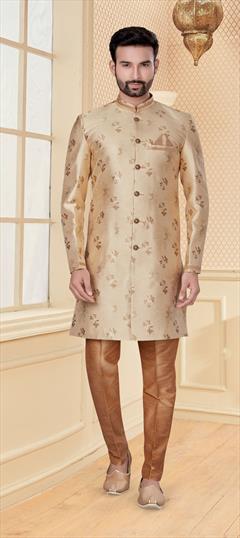 Beige and Brown color IndoWestern Dress in Jacquard fabric with Thread, Zari work : 1737737