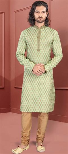 Green color Kurta Pyjamas in Cotton fabric with Thread, Weaving, Zari work : 1737871