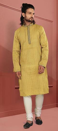 Yellow color Kurta Pyjamas in Poly Silk fabric with Thread, Weaving, Zari work : 1737881