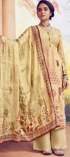 Festive, Party Wear Yellow color Salwar Kameez in Muslin fabric with Palazzo Digital Print, Floral, Resham, Sequence work : 1738033
