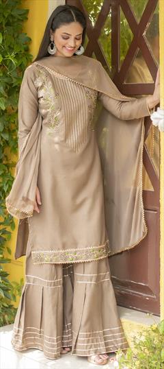 Festive, Party Wear Beige and Brown color Salwar Kameez in Art Silk, Silk fabric with Sharara Embroidered, Stone, Swarovski, Thread, Zari work : 1738499
