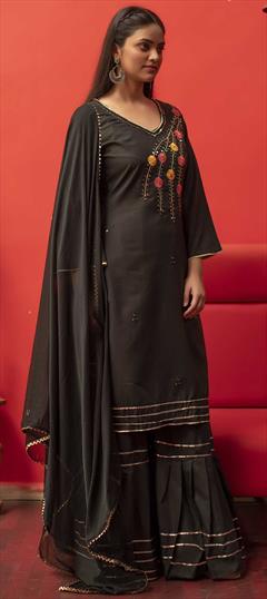 Festive, Party Wear Black and Grey color Salwar Kameez in Art Silk, Silk fabric with Sharara Mirror, Thread work : 1738503