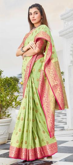 Traditional Green color Saree in Cotton fabric with Bengali Weaving work : 1738846