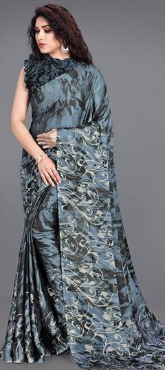 Casual, Party Wear Black and Grey color Saree in Chiffon fabric with Classic Printed work : 1738904