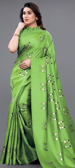 Casual, Traditional Green color Saree in Khadi fabric with Bengali Floral, Printed work : 1739125
