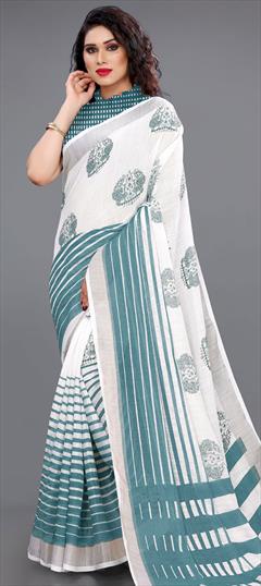 Casual, Traditional White and Off White color Saree in Linen fabric with Bengali Printed work : 1739137