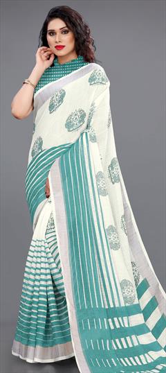 Casual, Traditional White and Off White color Saree in Linen fabric with Bengali Printed work : 1739138