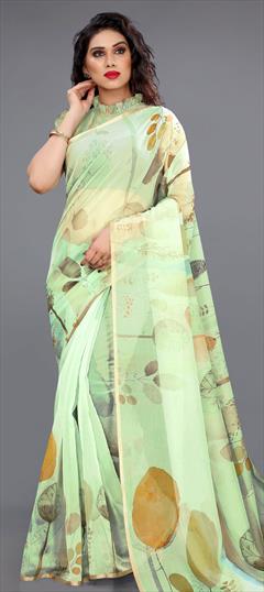 Casual, Traditional Green color Saree in Organza Silk, Silk fabric with South Printed work : 1739152