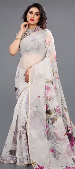 Casual, Traditional Black and Grey color Saree in Naylon Silk, Silk fabric with South Floral, Printed work : 1739154