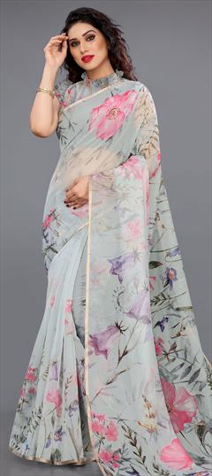 Casual, Traditional Black and Grey color Saree in Organza Silk, Silk fabric with South Floral, Printed work : 1739157