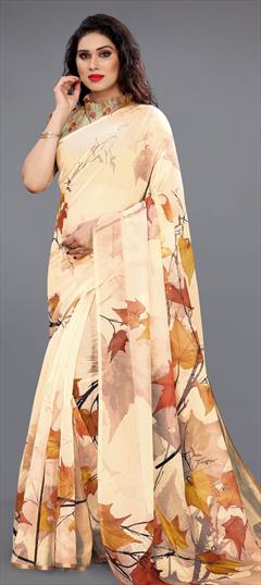Casual, Traditional Beige and Brown color Saree in Organza Silk, Silk fabric with South Printed work : 1739159