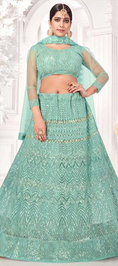 Festive, Wedding Blue color Lehenga in Net fabric with A Line Embroidered, Sequence, Thread work : 1739415