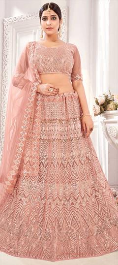 Festive, Wedding Pink and Majenta color Lehenga in Net fabric with A Line Embroidered, Sequence, Thread work : 1739416