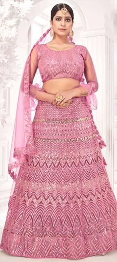 Festive, Wedding Pink and Majenta color Lehenga in Net fabric with A Line Embroidered, Sequence, Thread work : 1739417