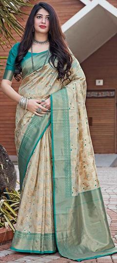 Traditional Beige and Brown color Saree in Banarasi Silk, Silk fabric with South Weaving work : 1739440