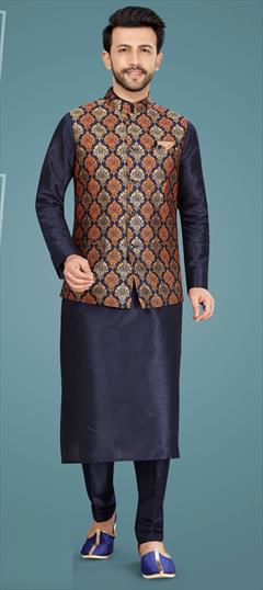 Blue color Kurta Pyjama with Jacket in Art Silk fabric with Thread work : 1739525