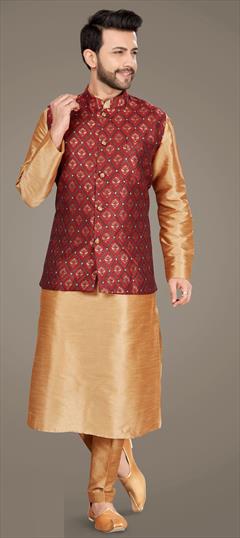 Beige and Brown color Kurta Pyjama with Jacket in Art Silk fabric with Thread work : 1739532