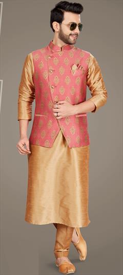 Beige and Brown color Kurta Pyjama with Jacket in Art Silk fabric with Thread work : 1739535