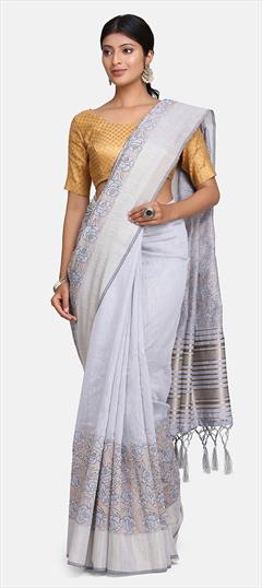 Traditional Black and Grey color Saree in Cotton fabric with Bengali, South Printed work : 1739787