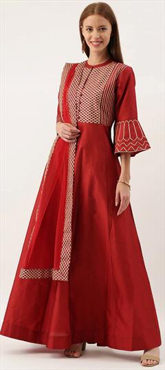 Festive, Party Wear Red and Maroon color Salwar Kameez in Art Silk fabric with Anarkali, Churidar Gota Patti work : 1740121