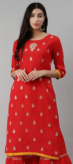 Festive, Party Wear Red and Maroon color Kurti in Rayon fabric with Elbow Sleeve, Straight Gota Patti work : 1740150