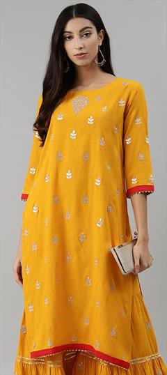 Festive, Party Wear Yellow color Kurti in Rayon fabric with Elbow Sleeve, Straight Gota Patti work : 1740153