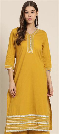Festive, Party Wear Yellow color Kurti in Rayon fabric with Long Sleeve, Straight Gota Patti work : 1740157