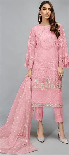 Party Wear Pink and Majenta color Salwar Kameez in Faux Georgette fabric with Straight Embroidered, Resham, Thread work : 1740271