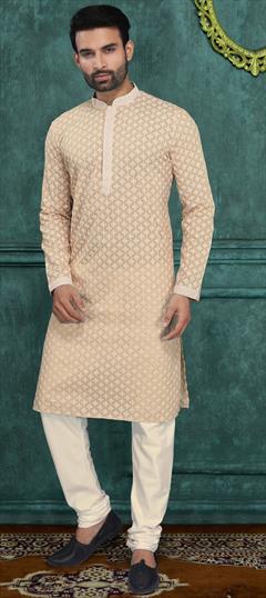 Beige and Brown color Kurta Pyjamas in Cotton fabric with Embroidered, Resham, Thread work : 1740372