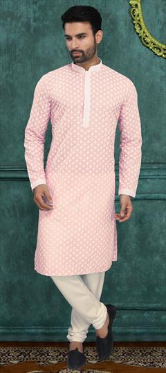 Pink and Majenta color Kurta Pyjamas in Cotton fabric with Embroidered, Resham, Thread work : 1740373
