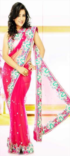 Bridal, Wedding Pink and Majenta color Saree in Net fabric with Classic Stone, Thread work : 1740456