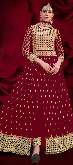 Festive, Party Wear Red and Maroon color Salwar Kameez in Georgette fabric with Slits Border, Embroidered, Thread, Zari work : 1740545