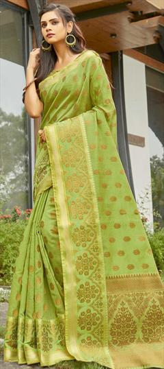 Traditional Green color Saree in Handloom fabric with Bengali Weaving work : 1740616
