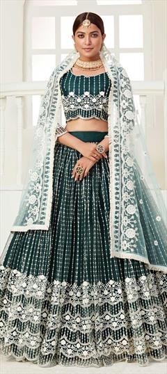 Bridal, Wedding Green color Lehenga in Net fabric with A Line Embroidered, Resham, Sequence, Thread work : 1740791