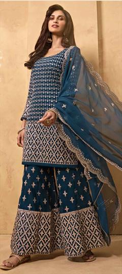 Festive, Party Wear Blue color Salwar Kameez in Georgette fabric with Sharara Embroidered, Thread, Zari work : 1740993