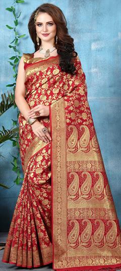 Traditional Red and Maroon color Saree in Art Silk, Silk fabric with South Weaving work : 1741229