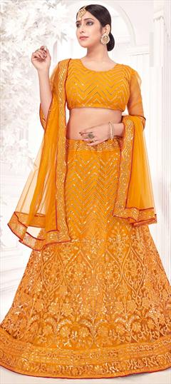 Festive, Party Wear Yellow color Lehenga in Net fabric with A Line Embroidered, Resham, Sequence, Thread work : 1741242