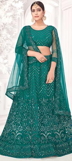 Festive, Party Wear Green color Lehenga in Net fabric with A Line Embroidered, Resham, Sequence, Thread work : 1741243