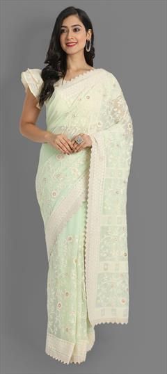Festive, Party Wear Green color Saree in Georgette fabric with Classic Embroidered, Resham, Sequence, Thread work : 1741446