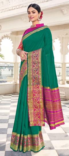 Traditional Green color Saree in Khadi fabric with Bengali, South Weaving work : 1741484