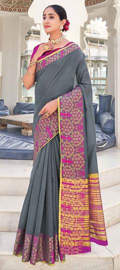 Traditional Black and Grey color Saree in Khadi fabric with Bengali, South Weaving work : 1741489