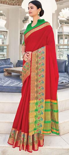 Traditional Red and Maroon color Saree in Khadi fabric with Bengali, South Weaving work : 1741491