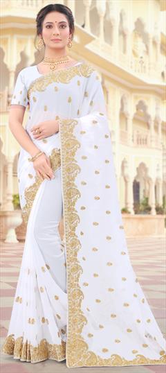 Festive, Party Wear White and Off White color Saree in Georgette fabric with Classic Embroidered, Stone, Thread, Zari work : 1741673
