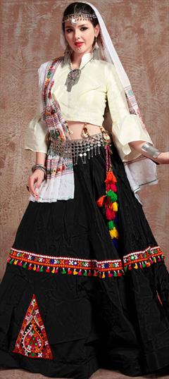 Festive, Navratri, Traditional Black and Grey, White and Off White color Lehenga in Taffeta Silk fabric with A Line Embroidered, Resham, Thread work : 1741769