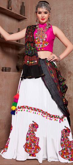 Navratri Black and Grey, White and Off White color Lehenga in Cotton fabric with A Line Embroidered, Resham, Thread work : 1741773
